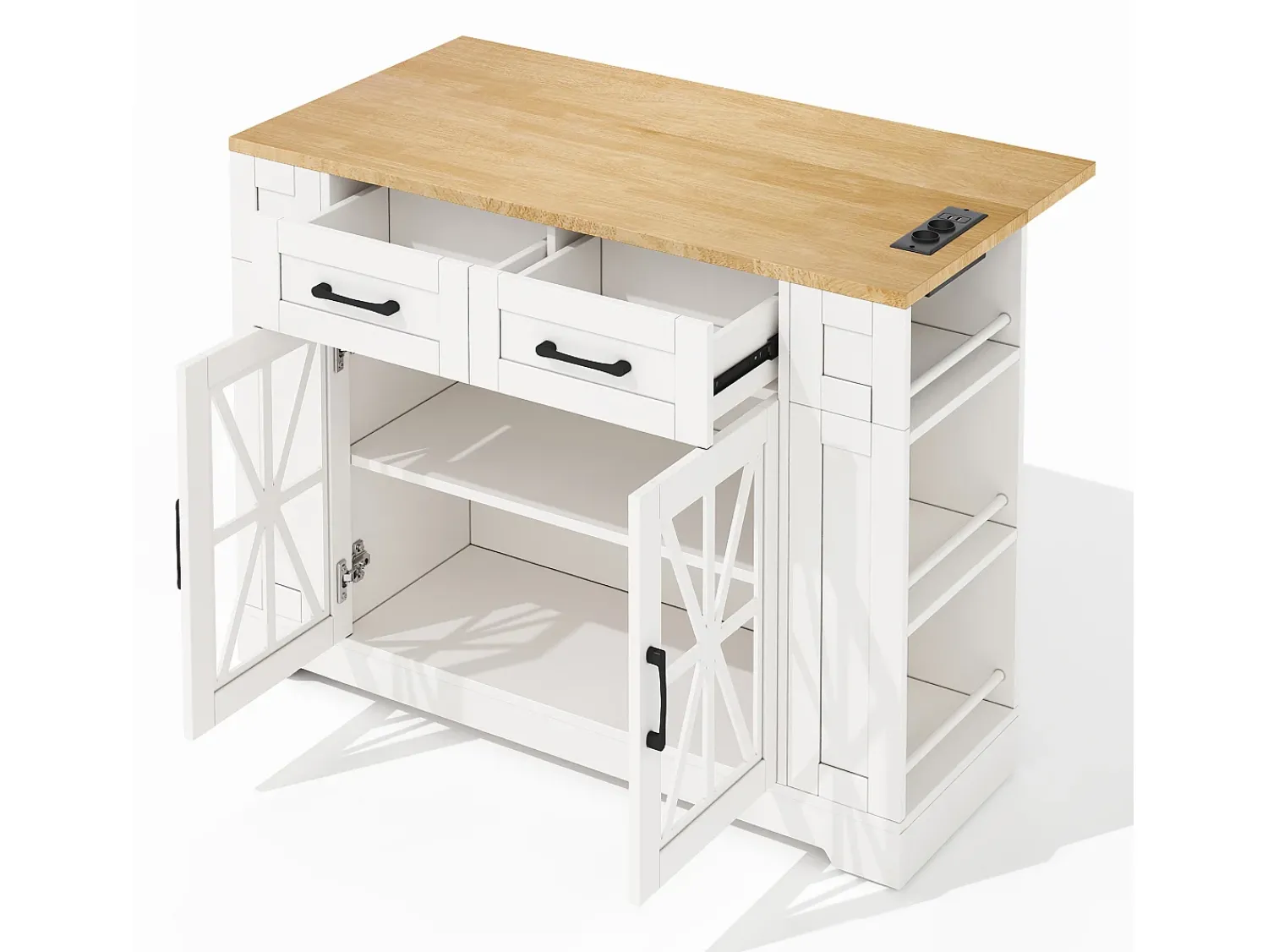 Móvel De Arrumação*Hauss Spole Carrinho de cozinha com rodas, 2 gavetas, 2 portas de vidro, tomada e porta USB, tampo extensível em madeira, corpo Branco