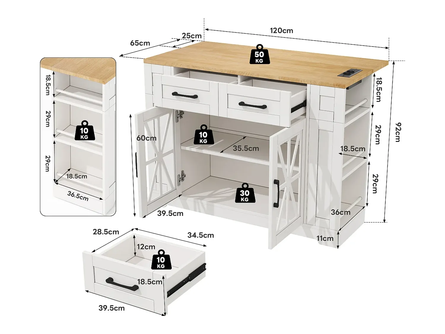 Móvel De Arrumação*Hauss Spole Carrinho de cozinha com rodas, 2 gavetas, 2 portas de vidro, tomada e porta USB, tampo extensível em madeira, corpo Branco