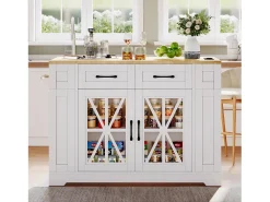 Móvel De Arrumação*Hauss Spole Carrinho de cozinha com rodas, 2 gavetas, 2 portas de vidro, tomada e porta USB, tampo extensível em madeira, corpo Branco