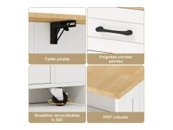 Móvel De Arrumação*Hauss Spole Carrinho de cozinha com rodas, 2 gavetas, 2 portas de vidro, tomada e porta USB, tampo extensível em madeira, corpo Branco