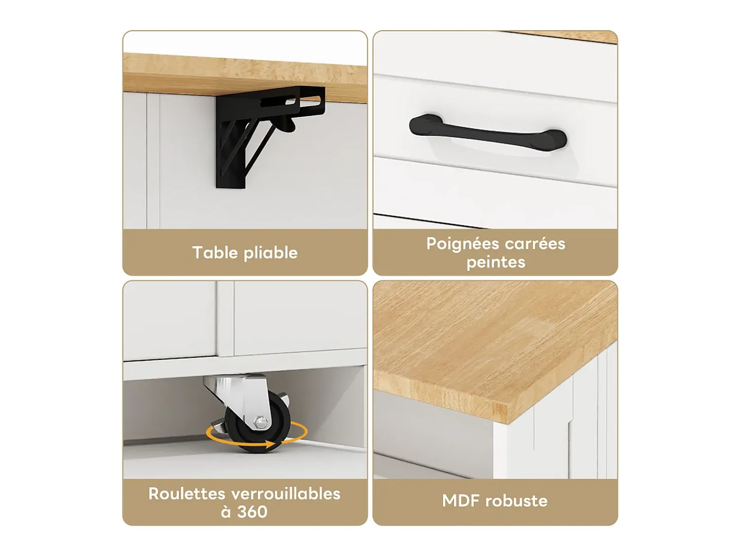 Móvel De Arrumação*Hauss Spole Carrinho de cozinha com rodas, 2 gavetas, 2 portas de vidro, tomada e porta USB, tampo extensível em madeira, corpo Branco
