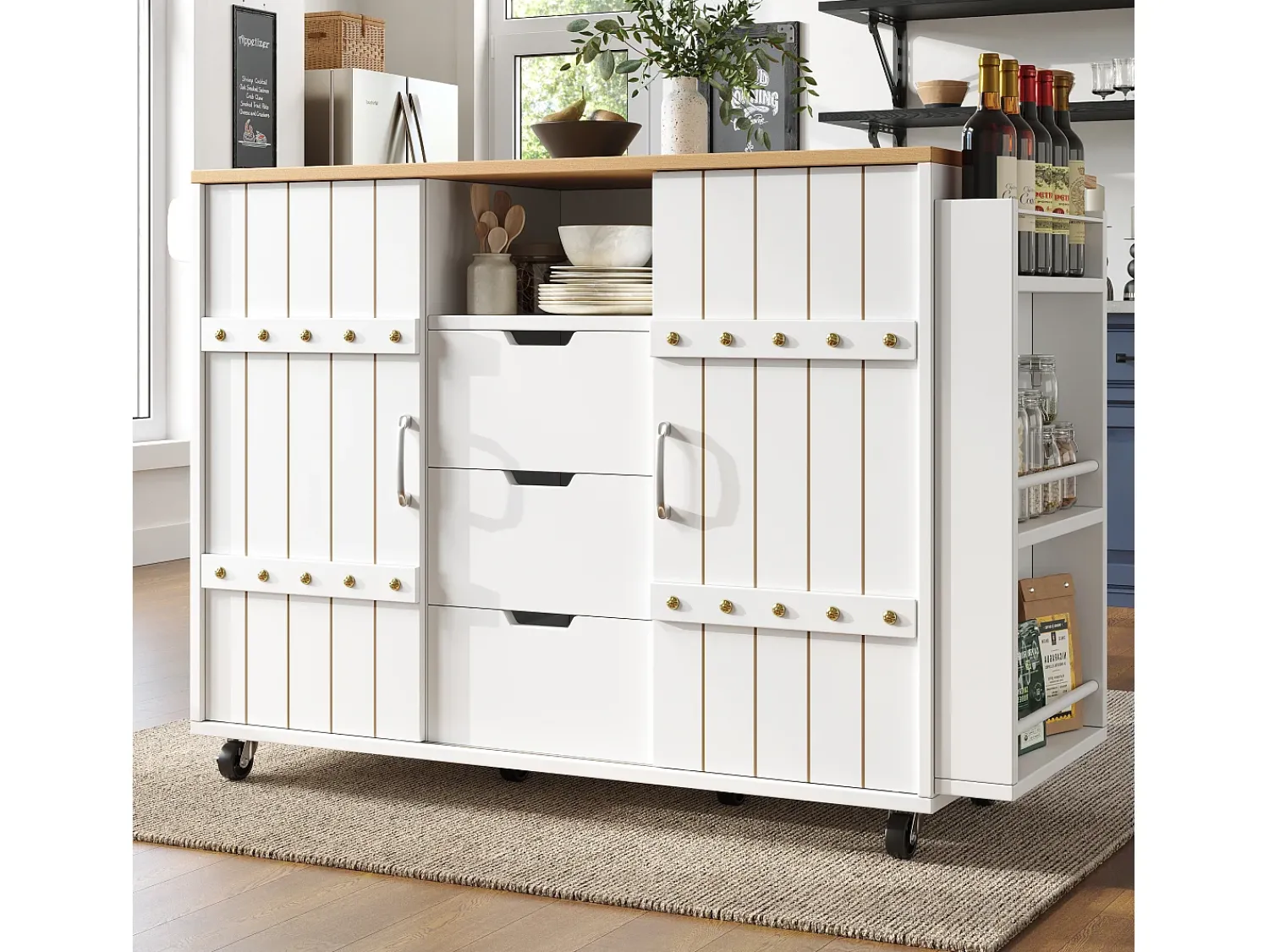 New Hauss Spole Carrinho de cozinha com rodas e tampo extensível, 2 portas de correr e 3 gavetas, - 110x70x90cm Branco