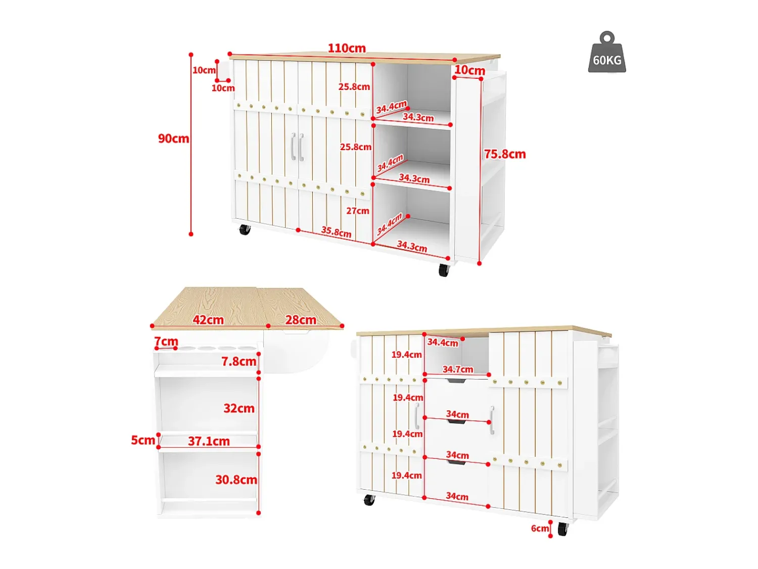New Hauss Spole Carrinho de cozinha com rodas e tampo extensível, 2 portas de correr e 3 gavetas, - 110x70x90cm Branco