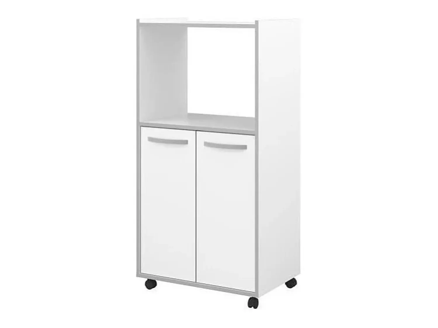 Móvel De Arrumação| Carrinho de cozinha compacto 60 cm mate 2 portas + nicho com prateleira, espaço para micro-ondas, pés de plástico, Made in France Branco