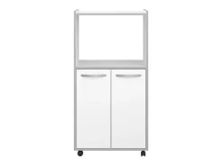 Móvel De Arrumação| Carrinho de cozinha compacto 60 cm mate 2 portas + nicho com prateleira, espaço para micro-ondas, pés de plástico, Made in France Branco