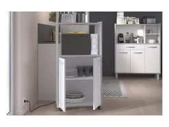 Móvel De Arrumação| Carrinho de cozinha compacto 60 cm mate 2 portas + nicho com prateleira, espaço para micro-ondas, pés de plástico, Made in France Branco