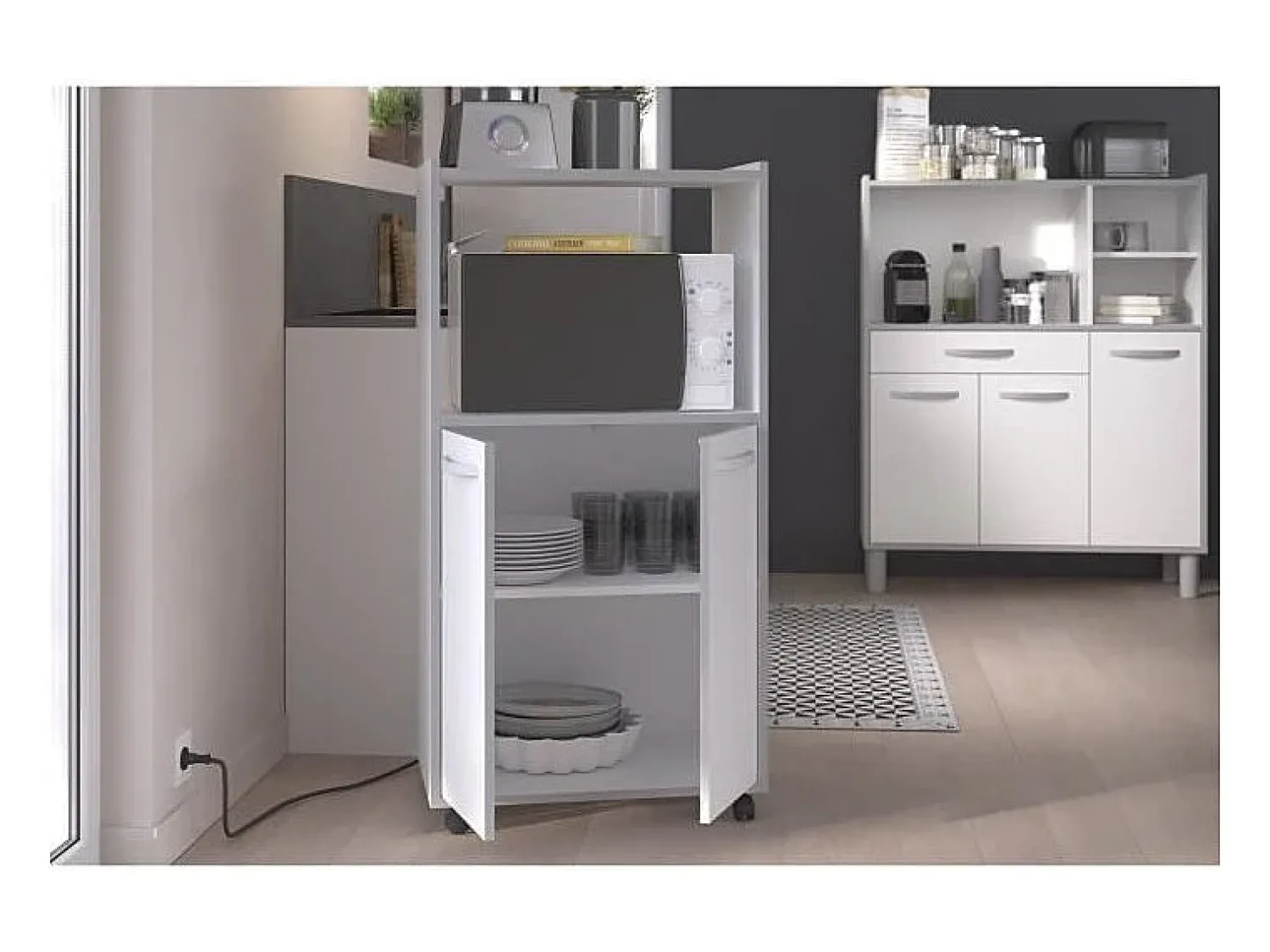 Móvel De Arrumação| Carrinho de cozinha compacto 60 cm mate 2 portas + nicho com prateleira, espaço para micro-ondas, pés de plástico, Made in France Branco
