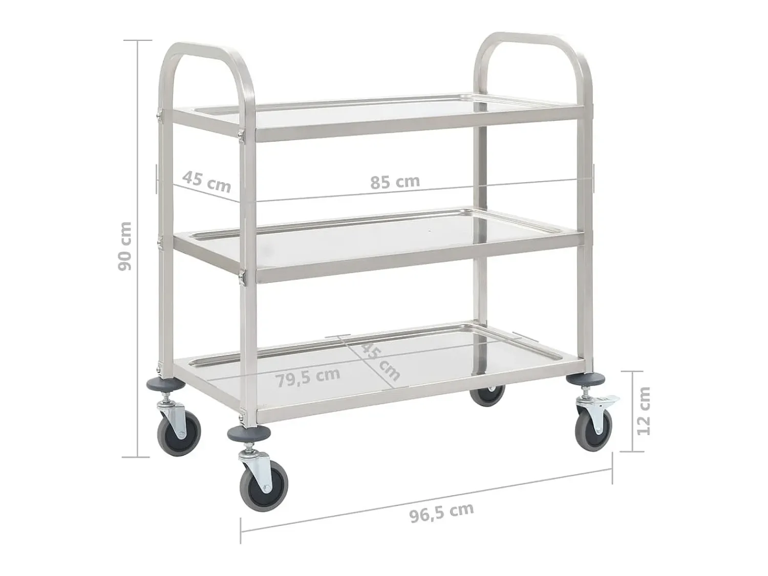Móvel De Arrumação*vidaxl Carrinho de cozinha de 3 níveis 96,5x55x90 cm aço inoxidável Prateado