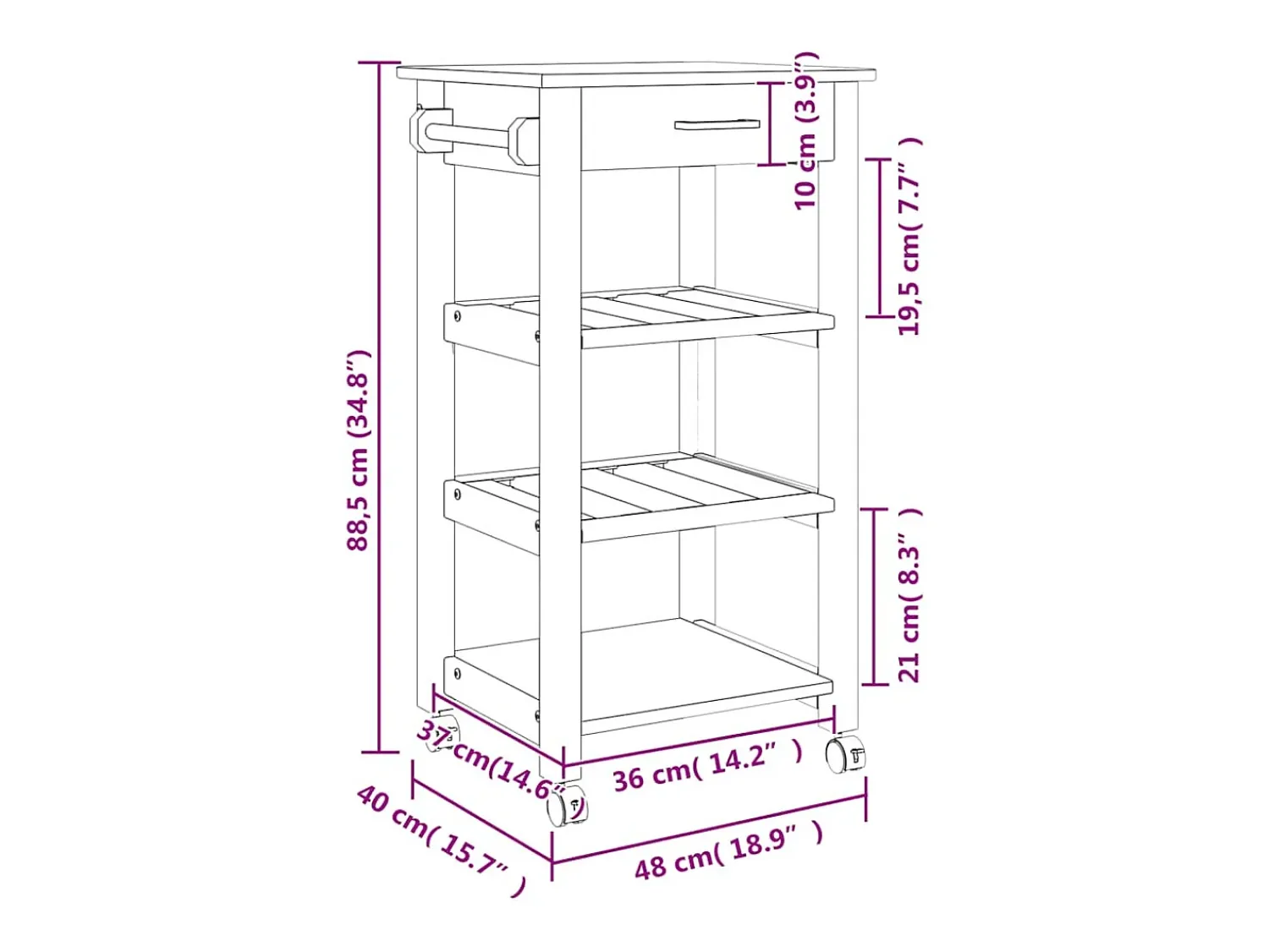 vidaxl Carrinho de cozinha MONZA 48x40x88,5 cm madeira de pinho maciça^ Móvel De Arrumação