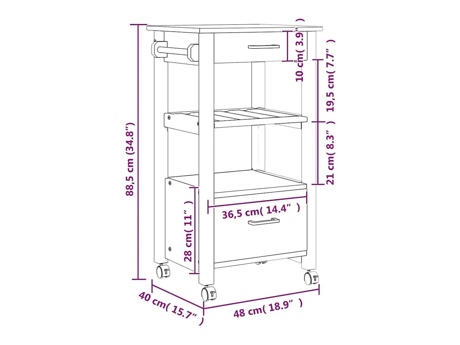 vidaxl Carrinho de cozinha MONZA 48x40x88,5 cm madeira de pinho maciça^ Móvel De Arrumação