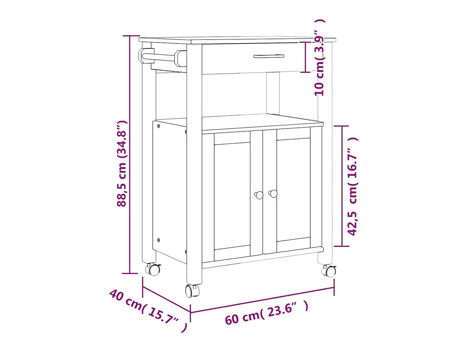 Móvel De Arrumação*vidaxl Carrinho de cozinha MONZA 60x40x88,5 cm madeira de pinho maciça Natural claro