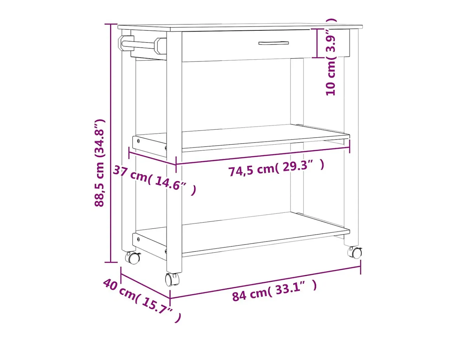 Móvel De Arrumação*vidaxl Carrinho de cozinha MONZA 84x40x88,5 cm madeira de pinho maciça Cinzento