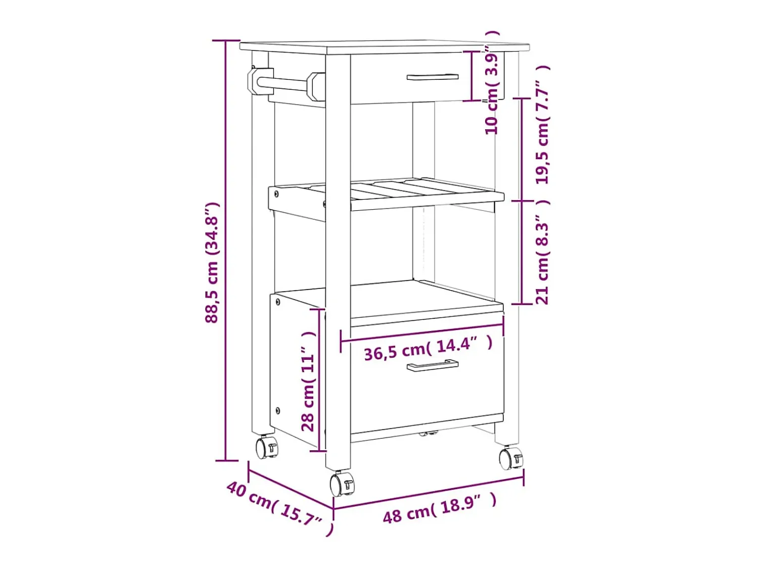 vidaxl Carrinho de cozinha MONZA 48x40x88,5 cm madeira de pinho maciça^ Móvel De Arrumação
