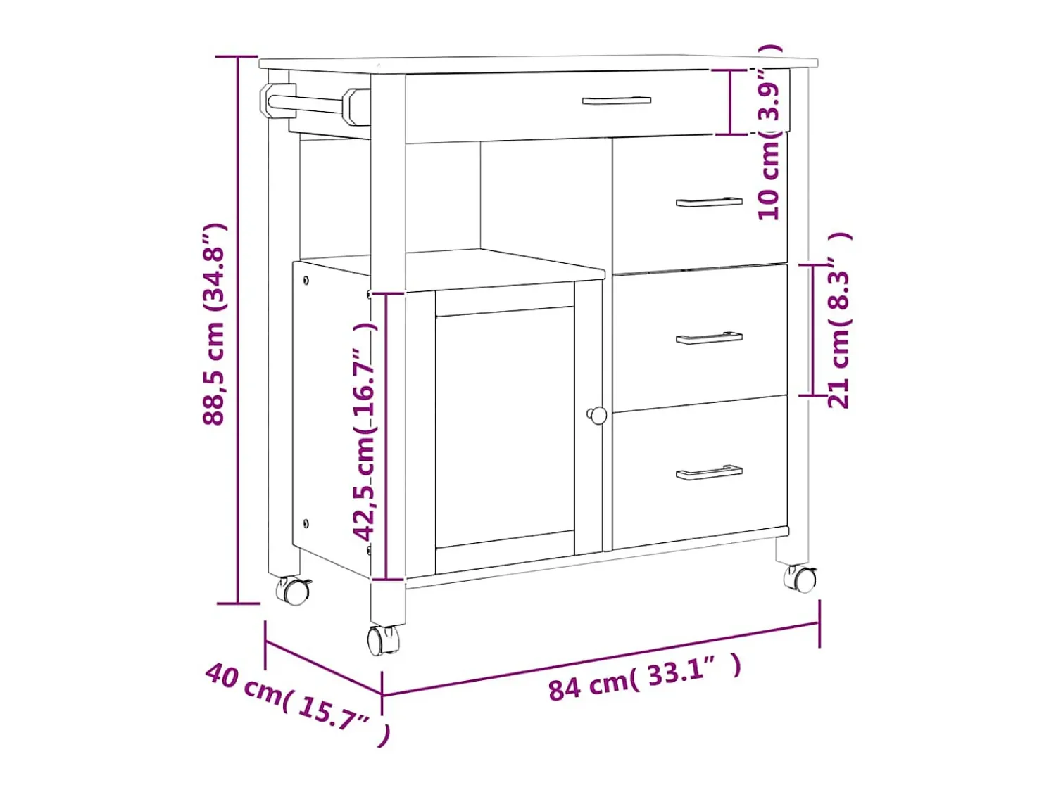 vidaxl Carrinho de cozinha MONZA 84x40x88,5 cm madeira de pinho maciça Branco