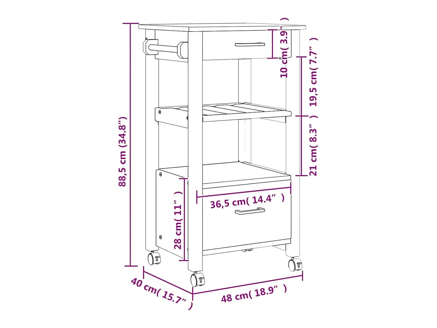 vidaxl Carrinho de cozinha MONZA 48x40x88,5 cm madeira de pinho maciça^ Móvel De Arrumação