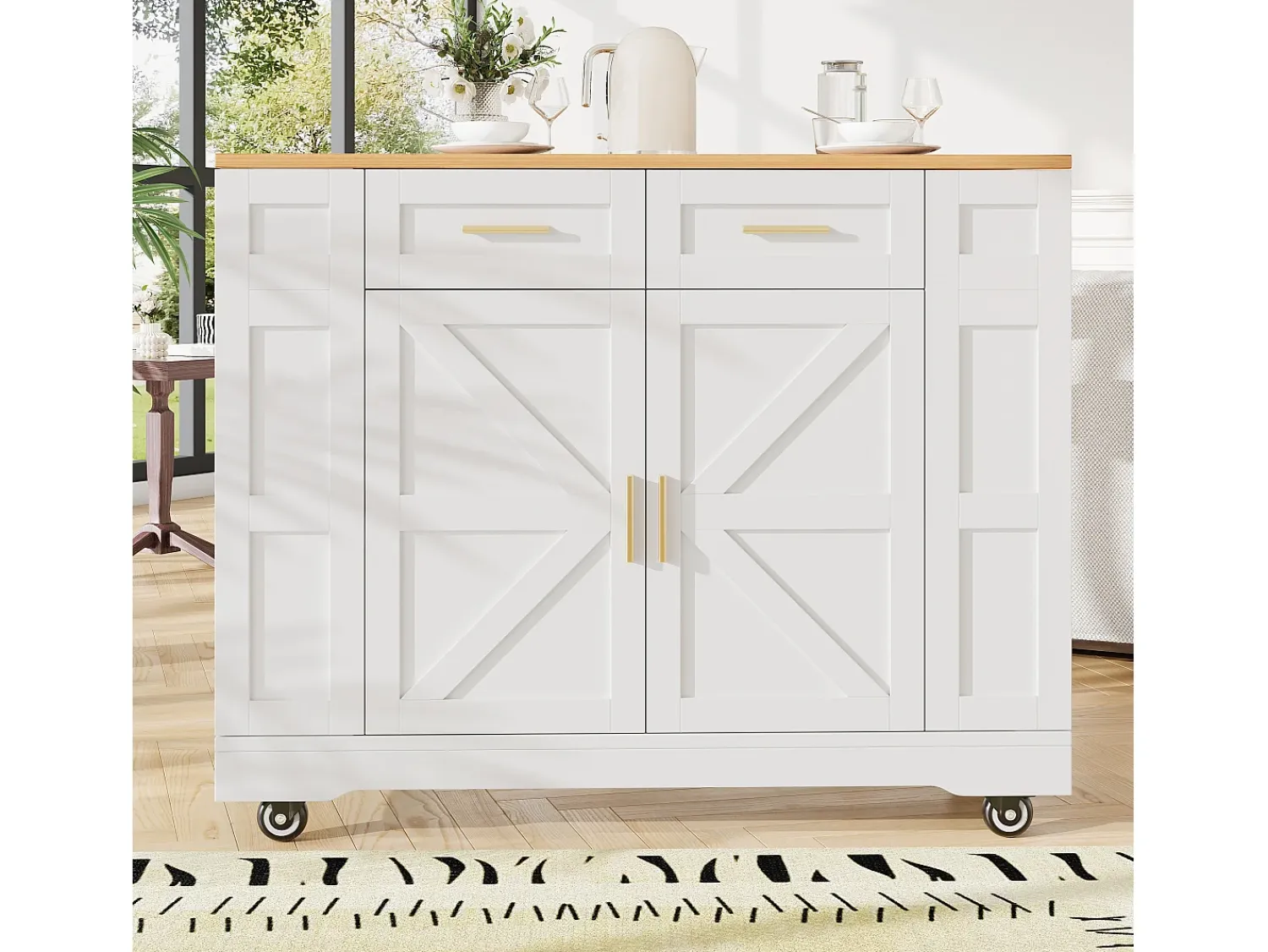 Móvel De Arrumação|Hauss Spole Carrinho de cozinha móvel com tampo extensível em folheado de madeira, 2 gavetas, 2 portas e prateleiras incluídas, - 120x65x90cm Branco