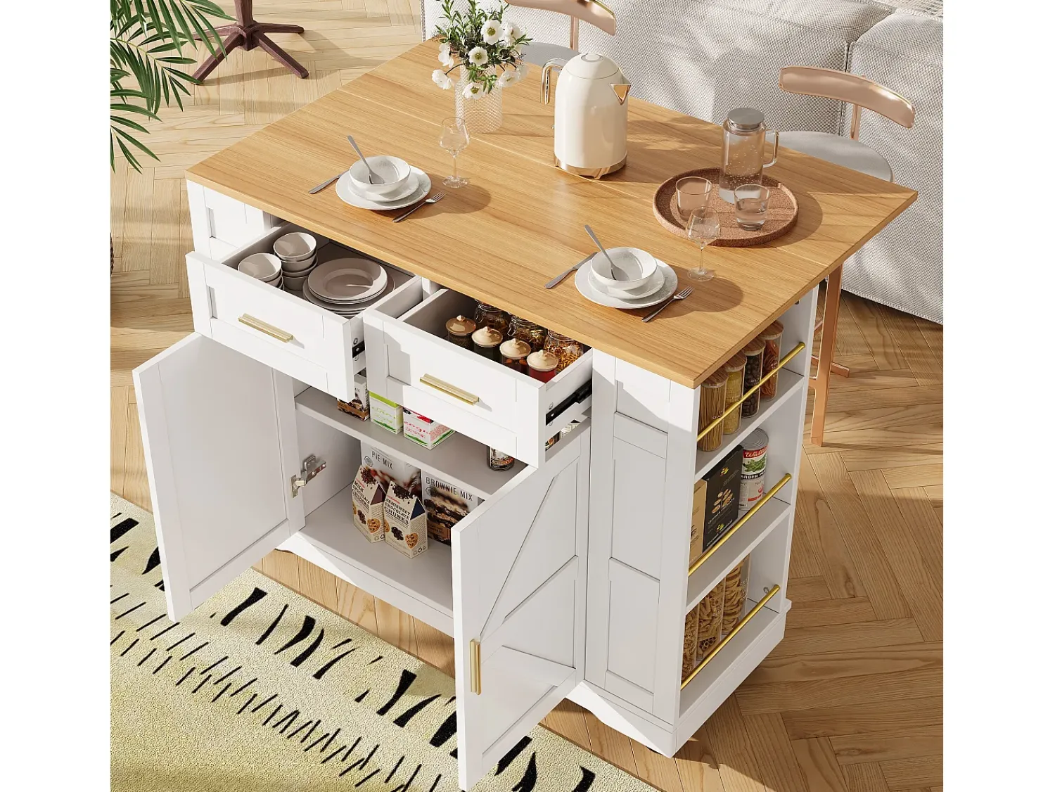 Móvel De Arrumação|Hauss Spole Carrinho de cozinha móvel com tampo extensível em folheado de madeira, 2 gavetas, 2 portas e prateleiras incluídas, - 120x65x90cm Branco