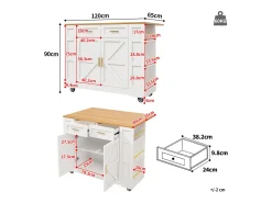 Móvel De Arrumação|Hauss Spole Carrinho de cozinha móvel com tampo extensível em folheado de madeira, 2 gavetas, 2 portas e prateleiras incluídas, - 120x65x90cm Branco