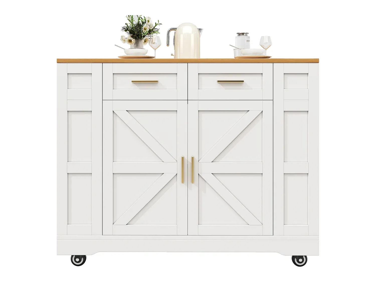 Móvel De Arrumação|Hauss Spole Carrinho de cozinha móvel com tampo extensível em folheado de madeira, 2 gavetas, 2 portas e prateleiras incluídas, - 120x65x90cm Branco