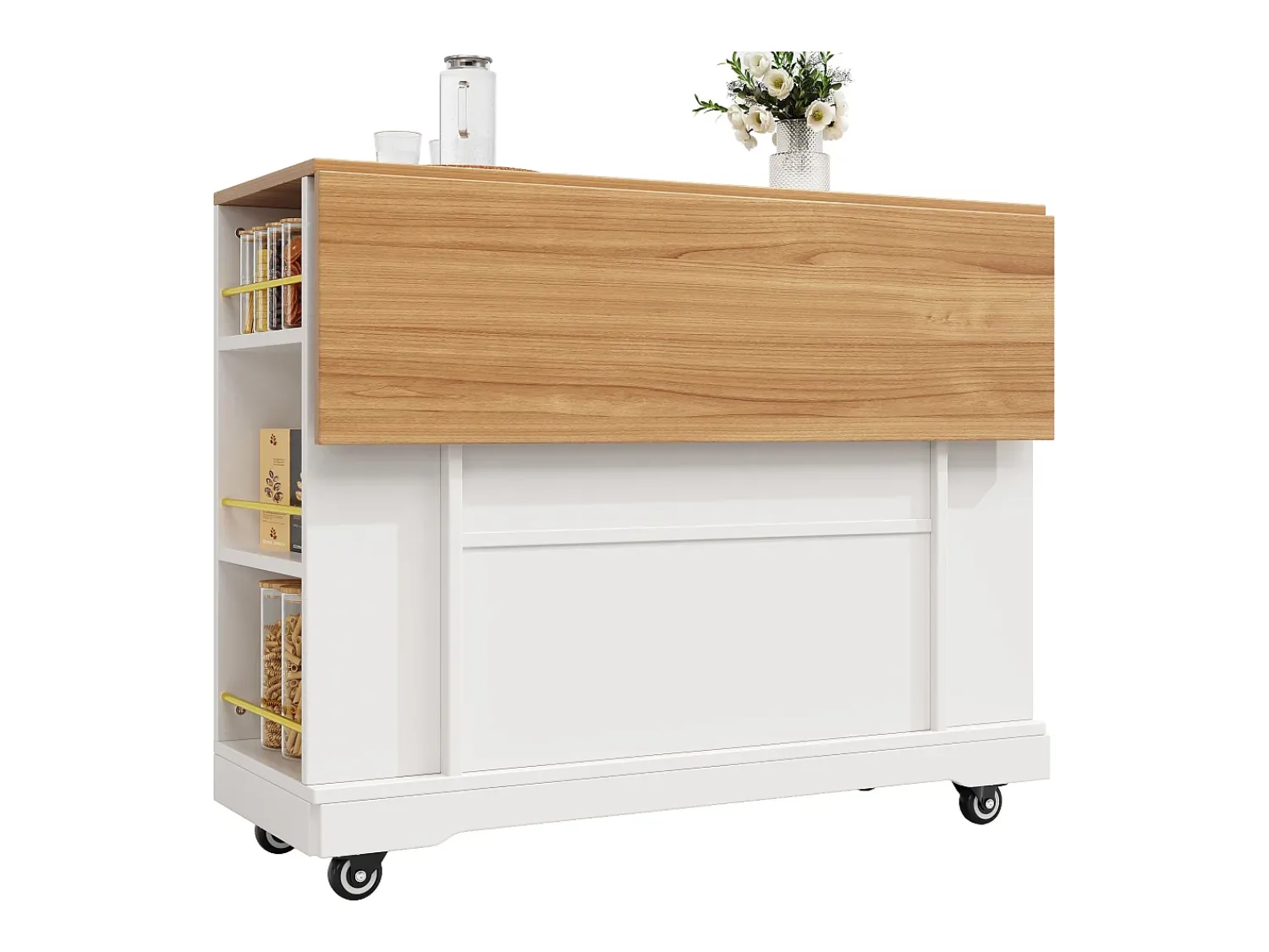 Móvel De Arrumação|Hauss Spole Carrinho de cozinha móvel com tampo extensível em folheado de madeira, 2 gavetas, 2 portas e prateleiras incluídas, - 120x65x90cm Branco
