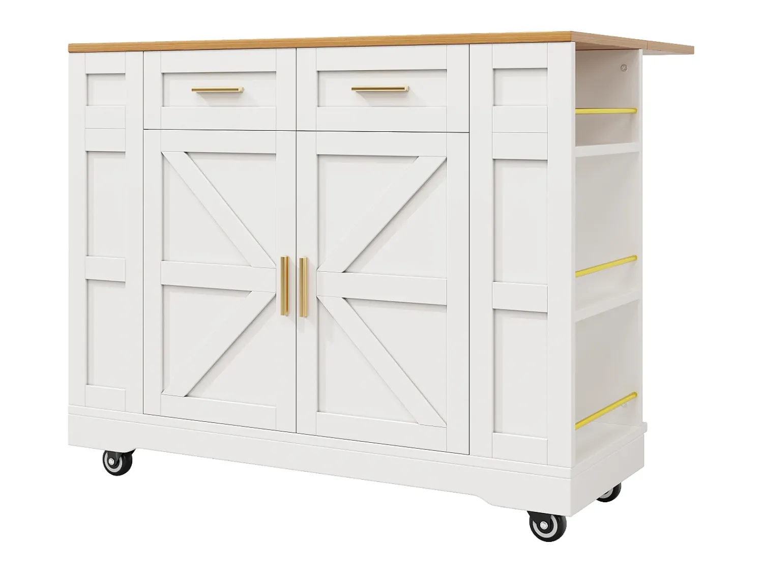 Móvel De Arrumação|Hauss Spole Carrinho de cozinha móvel com tampo extensível em folheado de madeira, 2 gavetas, 2 portas e prateleiras incluídas, - 120x65x90cm Branco