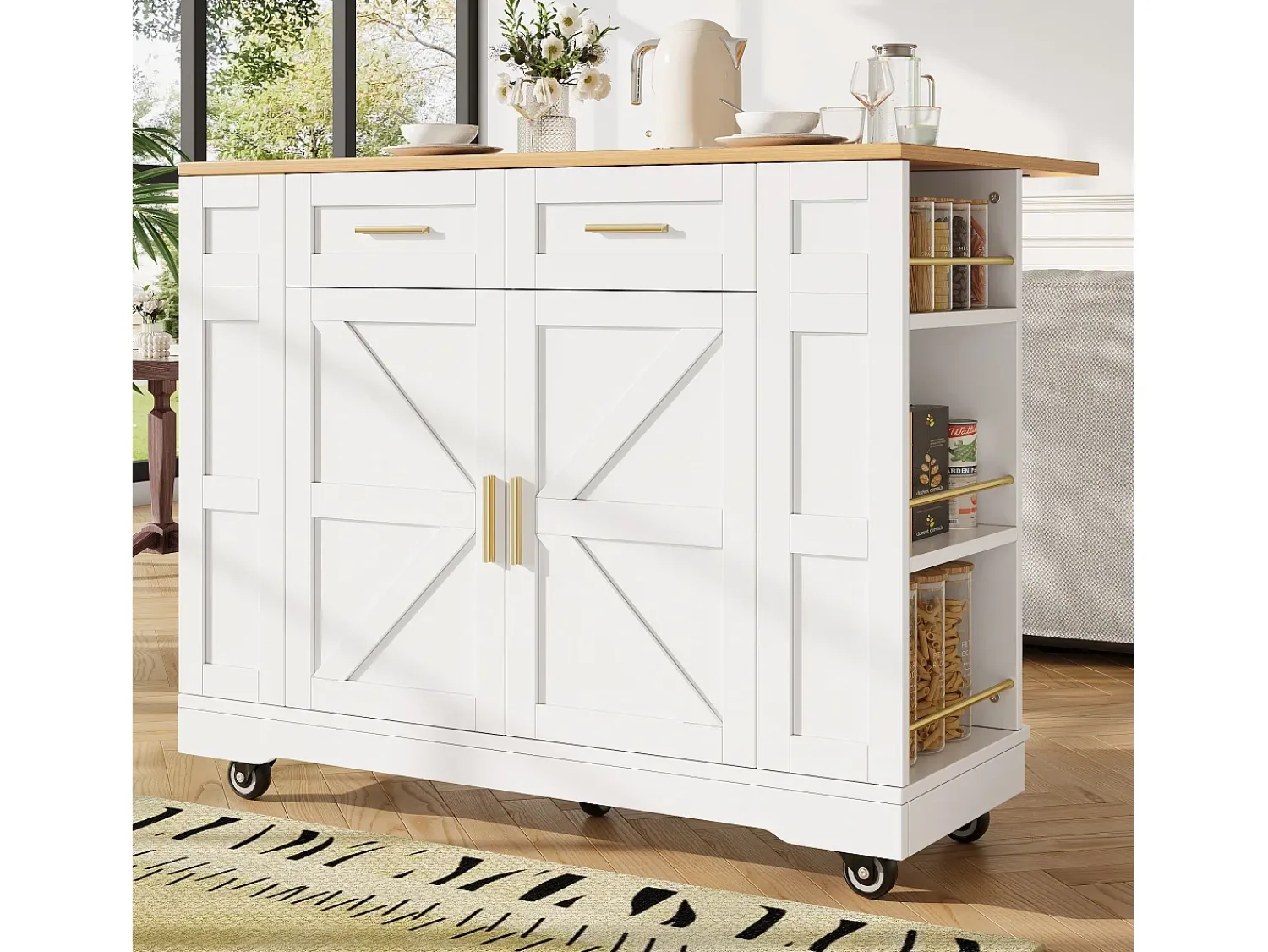 Móvel De Arrumação|Hauss Spole Carrinho de cozinha móvel com tampo extensível em folheado de madeira, 2 gavetas, 2 portas e prateleiras incluídas, - 120x65x90cm Branco