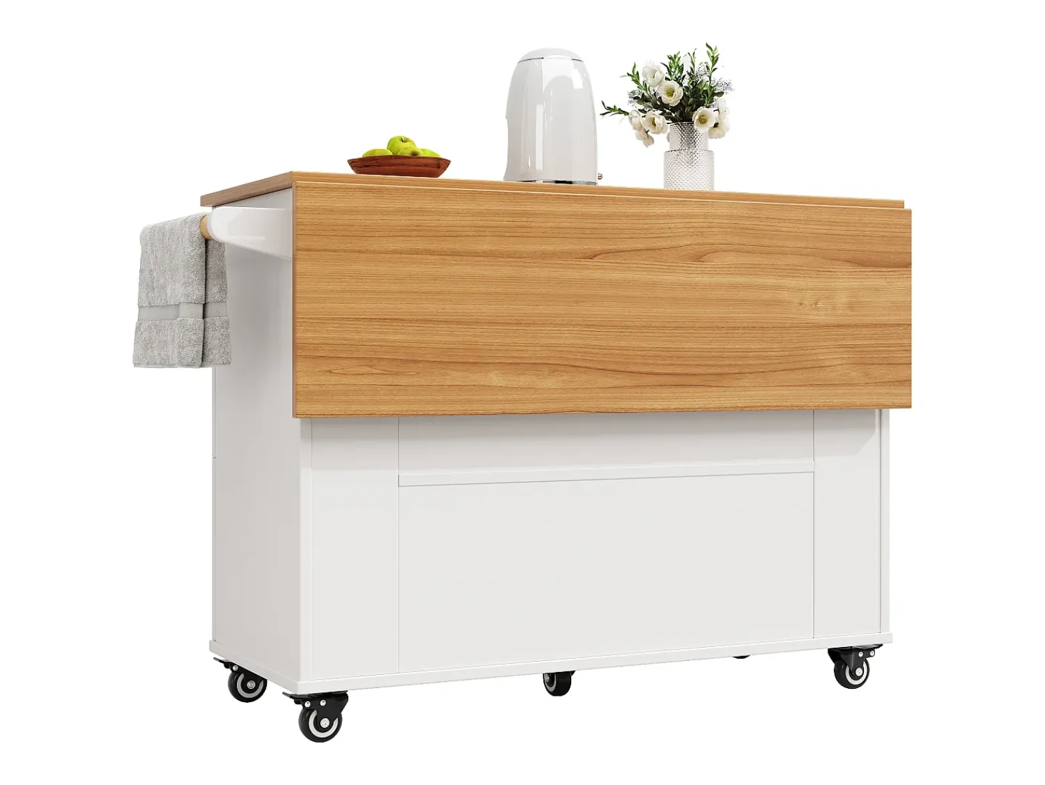 New Hauss Spole Carrinho de cozinha móvel com tampo extensível em folheado de madeira, 3 gavetas e 3 portas incluídas, - 133x70x88cm Branco