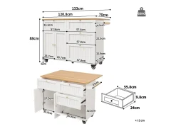 New Hauss Spole Carrinho de cozinha móvel com tampo extensível em folheado de madeira, 3 gavetas e 3 portas incluídas, - 133x70x88cm Branco