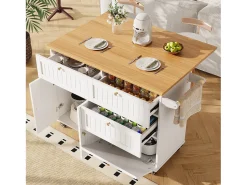 New Hauss Spole Carrinho de cozinha móvel com tampo extensível em folheado de madeira, 3 gavetas e 3 portas incluídas, - 133x70x88cm Branco