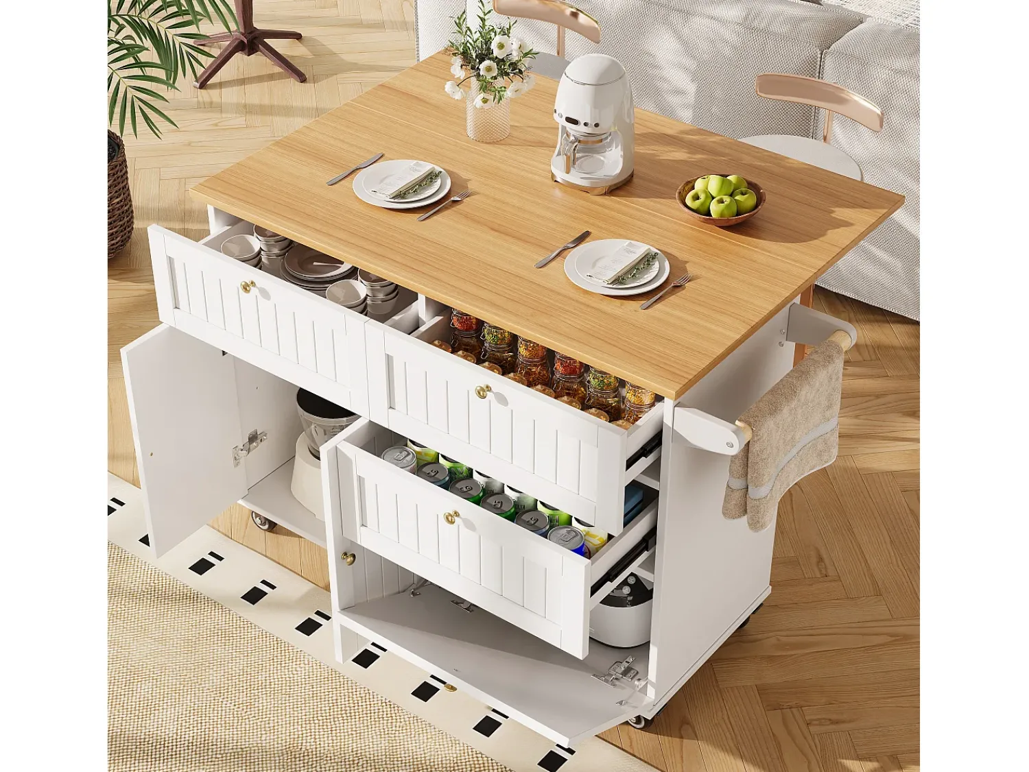 New Hauss Spole Carrinho de cozinha móvel com tampo extensível em folheado de madeira, 3 gavetas e 3 portas incluídas, - 133x70x88cm Branco