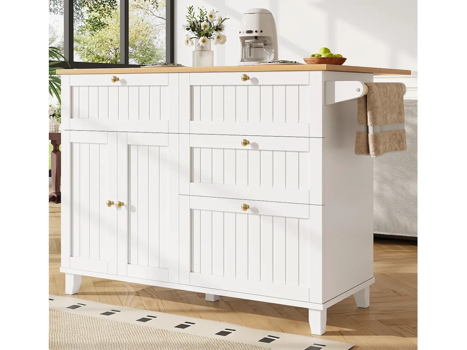 New Hauss Spole Carrinho de cozinha móvel com tampo extensível em folheado de madeira, 3 gavetas e 3 portas incluídas, - 133x70x88cm Branco