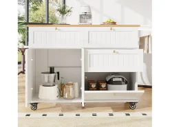 New Hauss Spole Carrinho de cozinha móvel com tampo extensível em folheado de madeira, 3 gavetas e 3 portas incluídas, - 133x70x88cm Branco