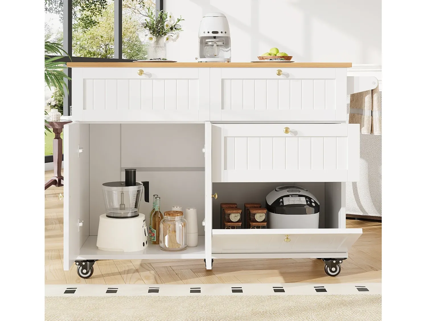 New Hauss Spole Carrinho de cozinha móvel com tampo extensível em folheado de madeira, 3 gavetas e 3 portas incluídas, - 133x70x88cm Branco