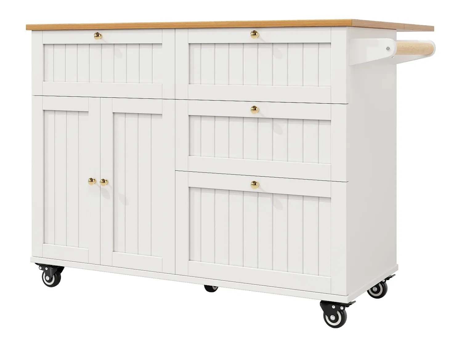 New Hauss Spole Carrinho de cozinha móvel com tampo extensível em folheado de madeira, 3 gavetas e 3 portas incluídas, - 133x70x88cm Branco