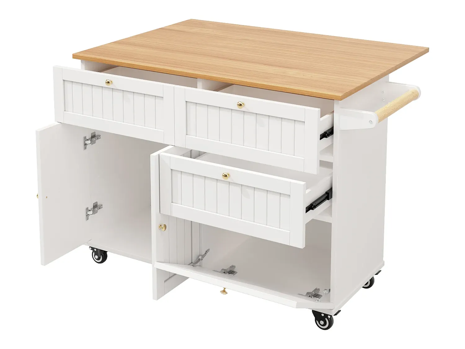 New Hauss Spole Carrinho de cozinha móvel com tampo extensível em folheado de madeira, 3 gavetas e 3 portas incluídas, - 133x70x88cm Branco