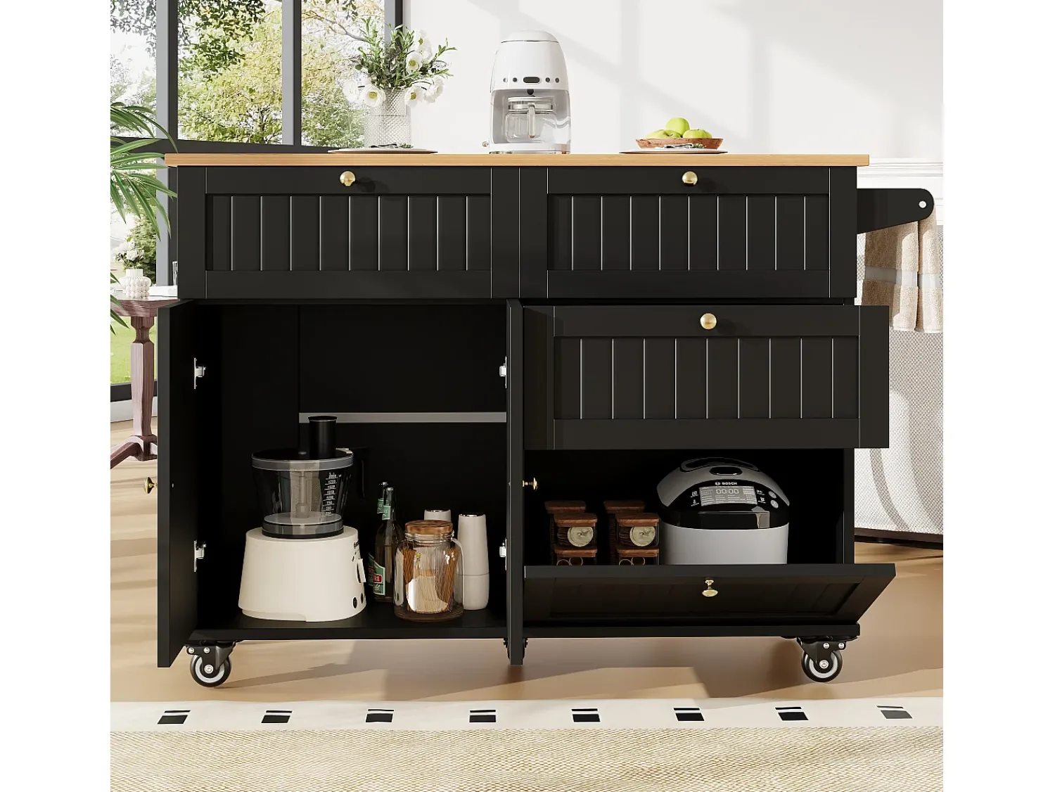 Hauss Spole Carrinho de cozinha móvel com tampo extensível em folheado de madeira, 3 gavetas e 3 portas incluídas, - 133x70x88cm^ Móvel De Arrumação