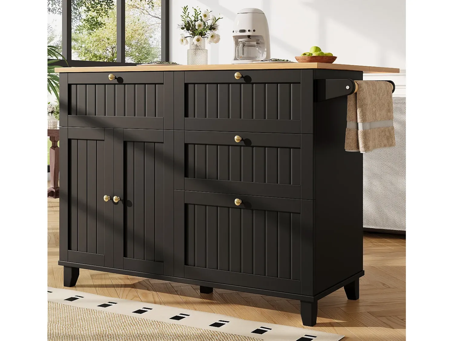 Hauss Spole Carrinho de cozinha móvel com tampo extensível em folheado de madeira, 3 gavetas e 3 portas incluídas, - 133x70x88cm^ Móvel De Arrumação