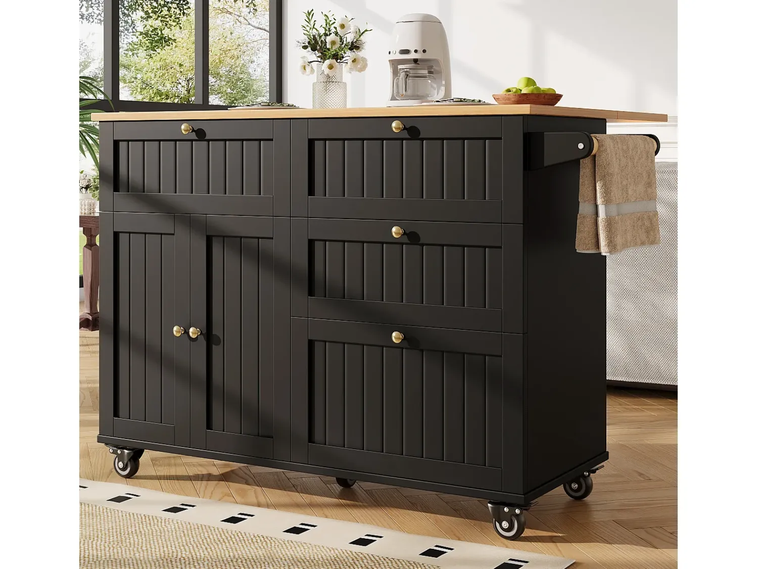Hauss Spole Carrinho de cozinha móvel com tampo extensível em folheado de madeira, 3 gavetas e 3 portas incluídas, - 133x70x88cm^ Móvel De Arrumação