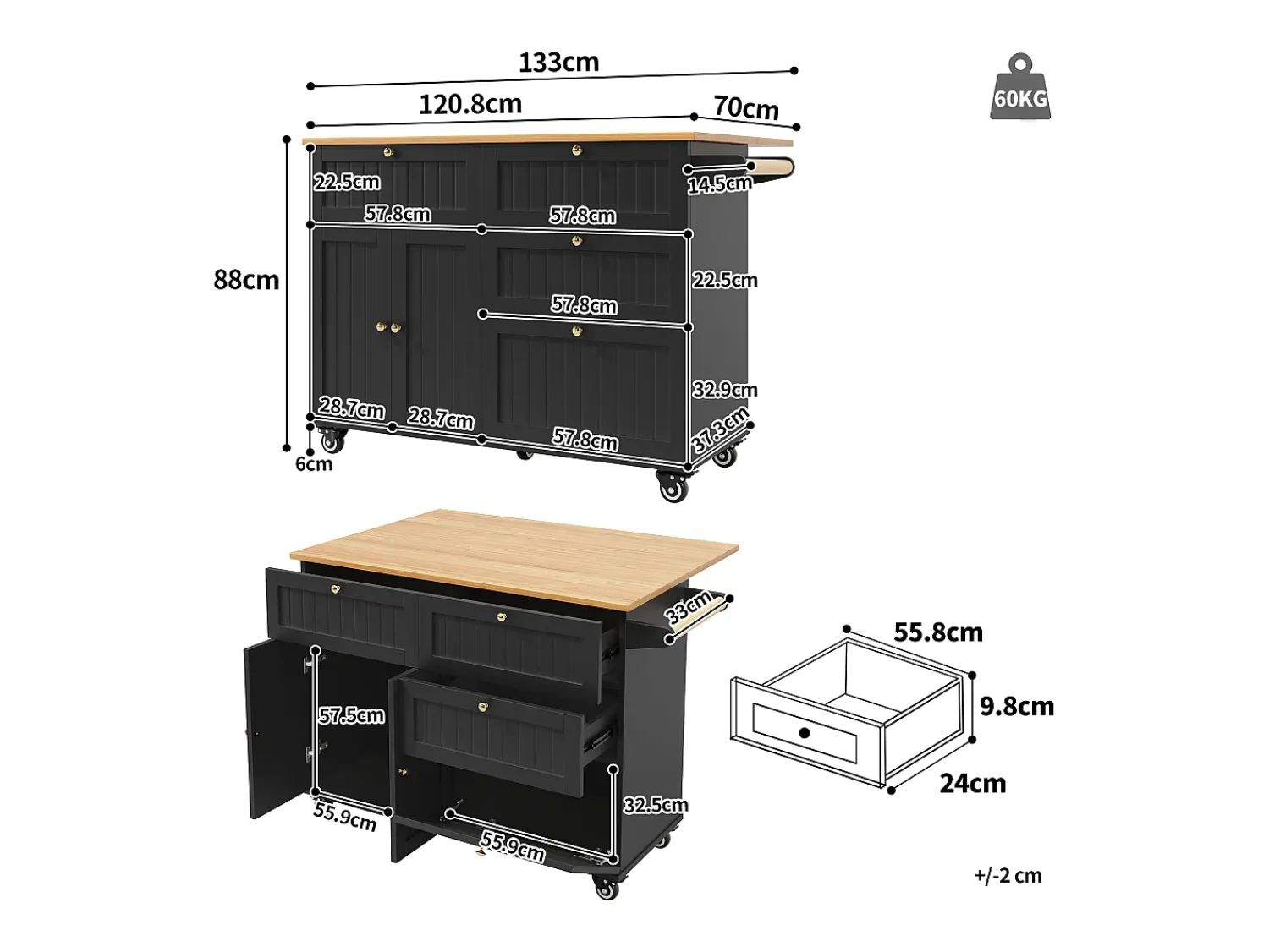 Hauss Spole Carrinho de cozinha móvel com tampo extensível em folheado de madeira, 3 gavetas e 3 portas incluídas, - 133x70x88cm^ Móvel De Arrumação