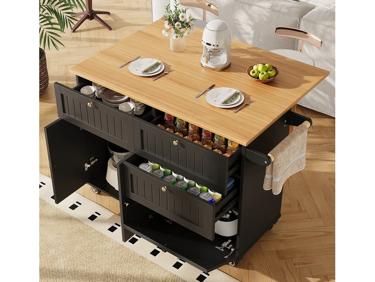 Hauss Spole Carrinho de cozinha móvel com tampo extensível em folheado de madeira, 3 gavetas e 3 portas incluídas, - 133x70x88cm^ Móvel De Arrumação