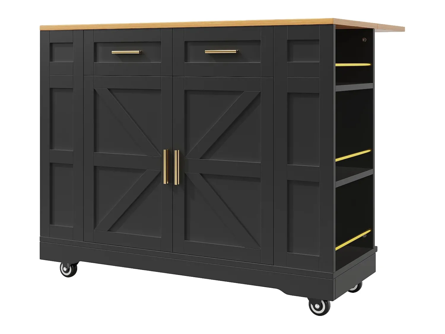 Hauss Spole Carrinho de cozinha móvel com tampo extensível em folheado de madeira, 2 gavetas, 2 portas e prateleiras incluídas, - 120x65x90cm Preto