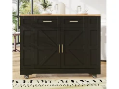 Hauss Spole Carrinho de cozinha móvel com tampo extensível em folheado de madeira, 2 gavetas, 2 portas e prateleiras incluídas, - 120x65x90cm Preto