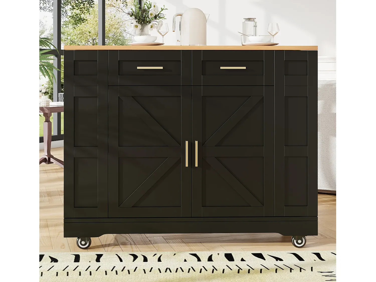 Hauss Spole Carrinho de cozinha móvel com tampo extensível em folheado de madeira, 2 gavetas, 2 portas e prateleiras incluídas, - 120x65x90cm Preto