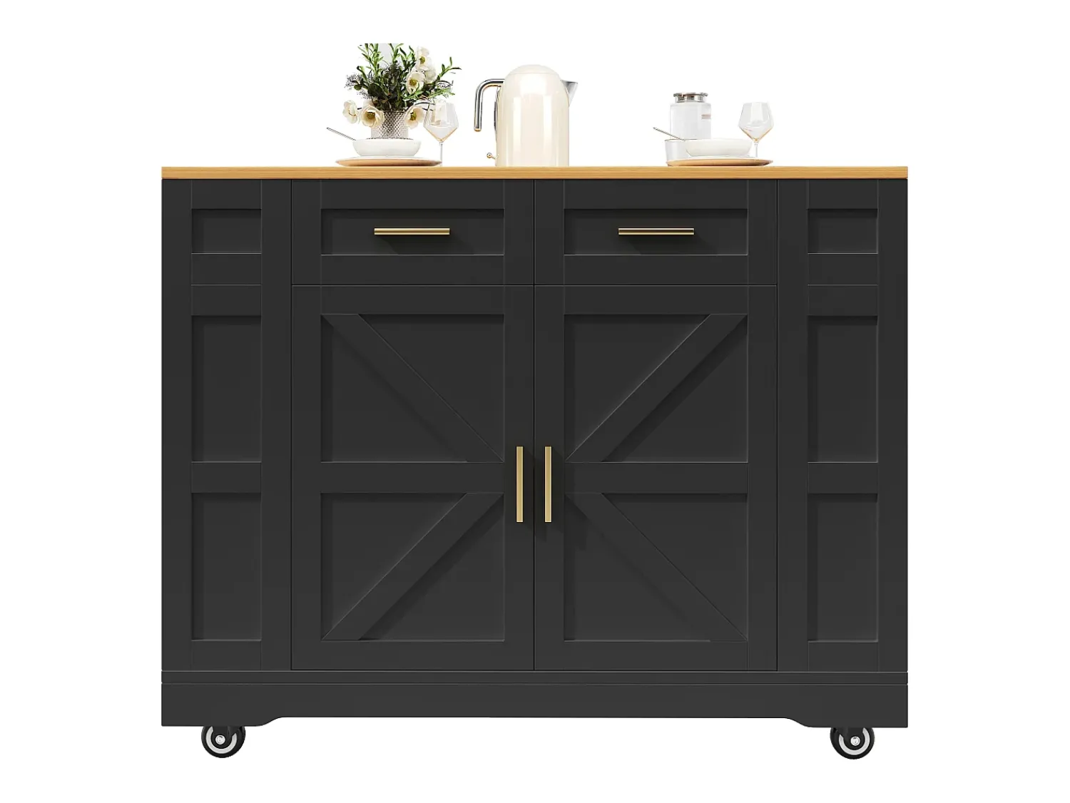 Hauss Spole Carrinho de cozinha móvel com tampo extensível em folheado de madeira, 2 gavetas, 2 portas e prateleiras incluídas, - 120x65x90cm Preto