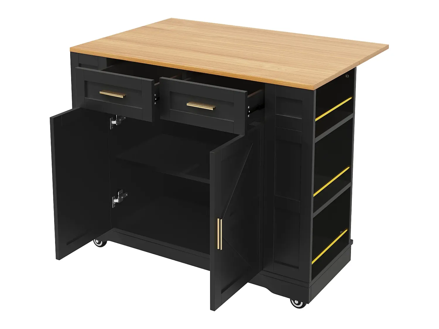 Hauss Spole Carrinho de cozinha móvel com tampo extensível em folheado de madeira, 2 gavetas, 2 portas e prateleiras incluídas, - 120x65x90cm Preto