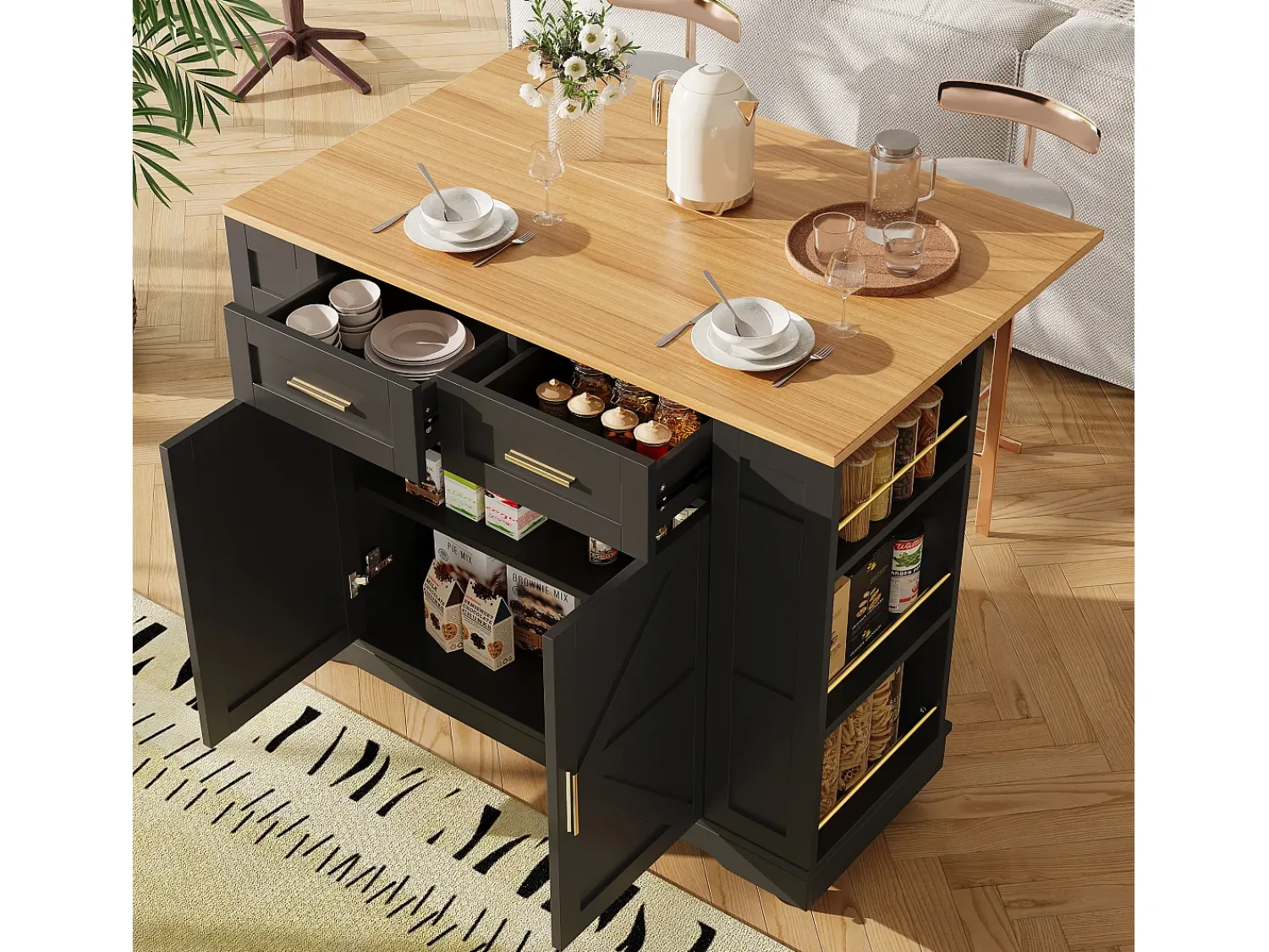 Hauss Spole Carrinho de cozinha móvel com tampo extensível em folheado de madeira, 2 gavetas, 2 portas e prateleiras incluídas, - 120x65x90cm Preto