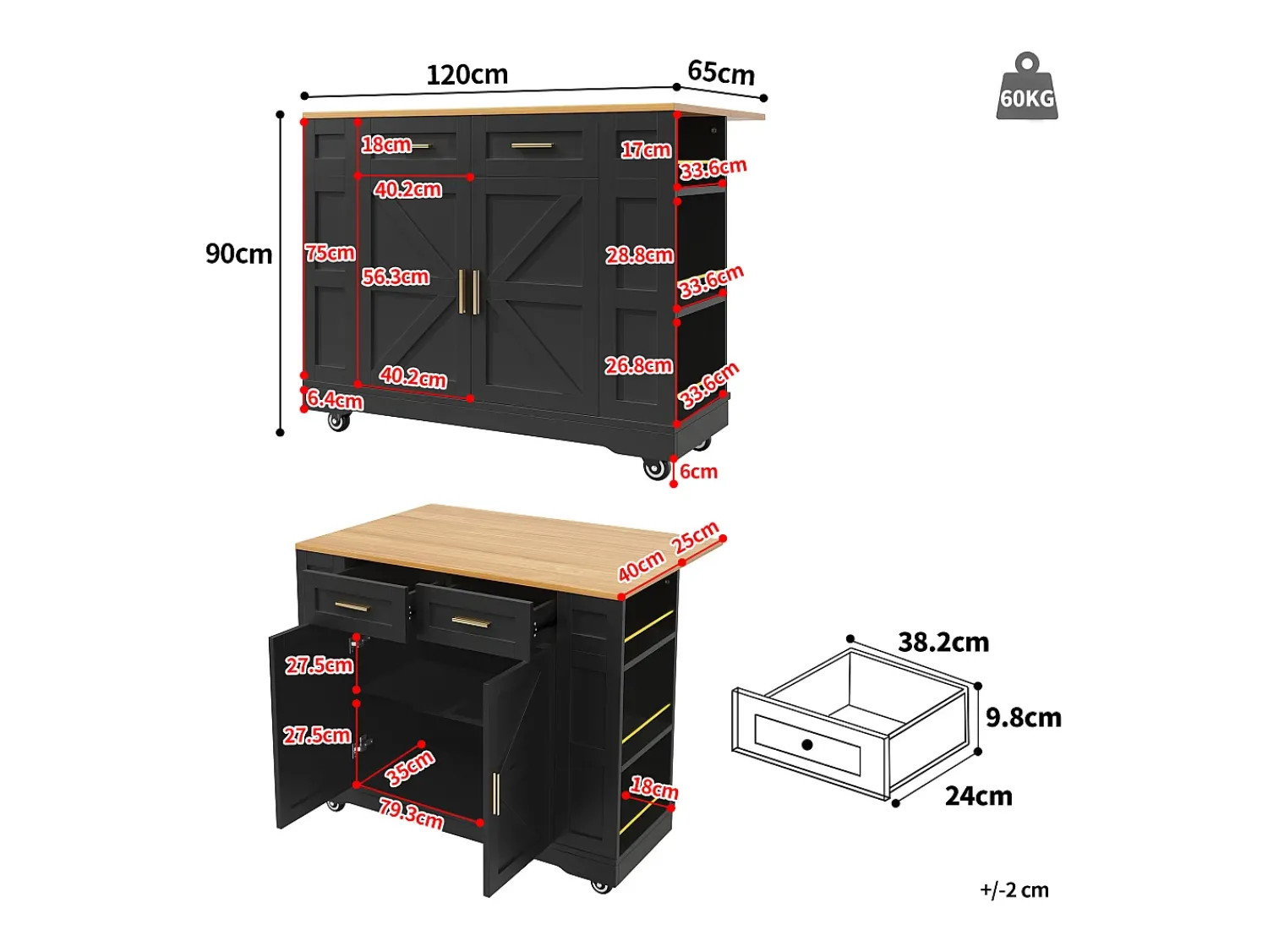 Hauss Spole Carrinho de cozinha móvel com tampo extensível em folheado de madeira, 2 gavetas, 2 portas e prateleiras incluídas, - 120x65x90cm Preto