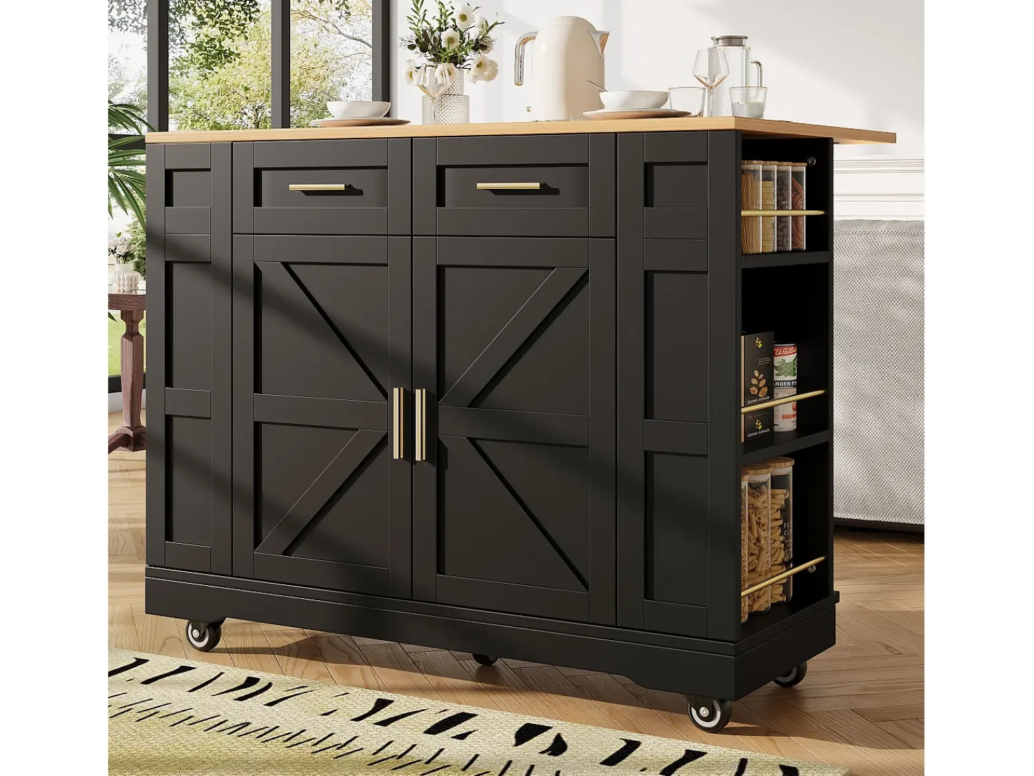 Hauss Spole Carrinho de cozinha móvel com tampo extensível em folheado de madeira, 2 gavetas, 2 portas e prateleiras incluídas, - 120x65x90cm Preto