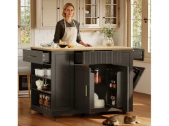 Best Hauss Spole Carrinho de cozinha com 2 portas, 3 gavetas e compartimento para o lixo, puxadores em metal, tampo com textura de madeira Preto