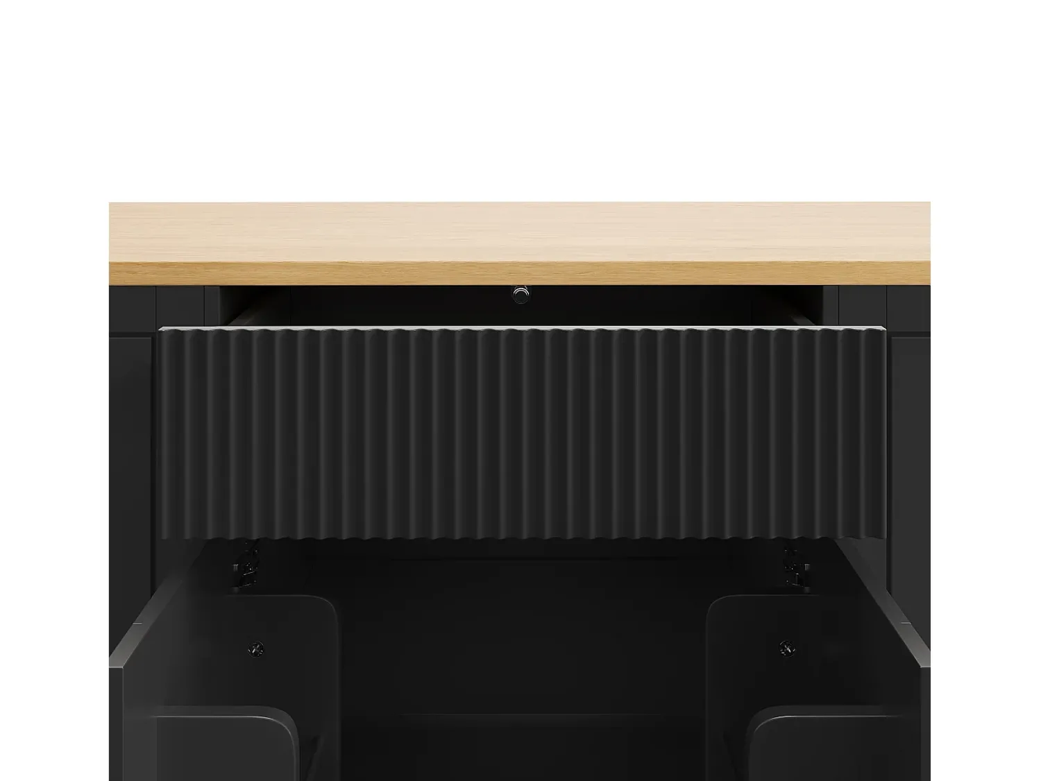 Best Hauss Spole Carrinho de cozinha com 2 portas, 3 gavetas e compartimento para o lixo, puxadores em metal, tampo com textura de madeira Preto